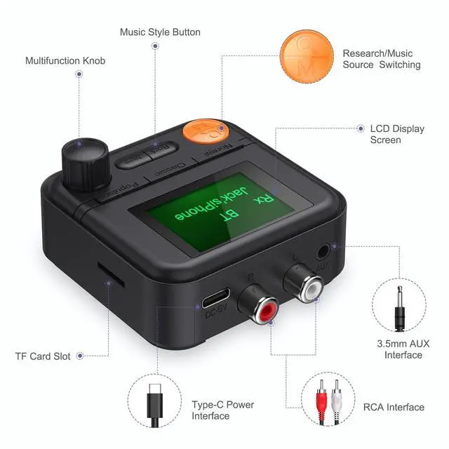 Alt view image 7 of 7 - JXTZ Bluetooth 5.2 Transmitter Receiver, HiFi Bluetooth Audio Adapter with Display, Wireless Audio Adapter for Music Streaming Sound System, Headphones, TV, Support TF Card/RCA/3.5mm AUX Output