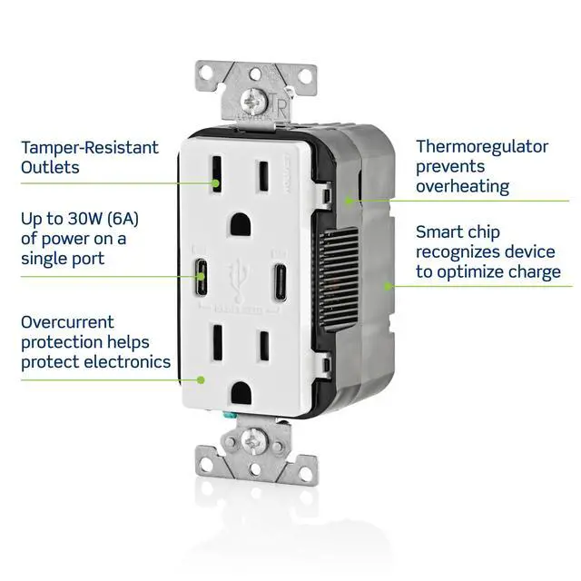 Alt view image 5 of 7 - 30W (6A) USB Dual Type-C/C Power Delivery In-Wall Charger with 15A Tamper-Resistant Outlet, USB Charger for Smartphones, Tablets, Laptops, T5635-W, White