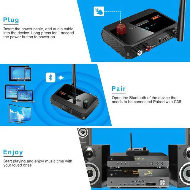 Alt view image 2 of 7 - Bluetooth 5.3 Receiver for Home Stereo, RCA Bluetooth Adapter, Optical AUX 3.5mm Low Latency HD Music Audio, RCA Adapter for Speakers Home Music Streaming Stereo System, AUX/USB