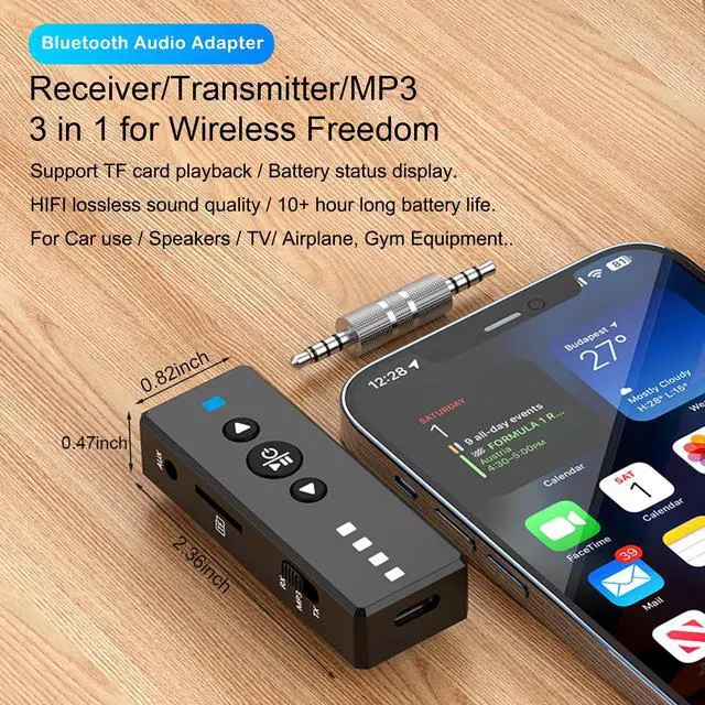 Alt view image 2 of 7 - Isobel Bluetooth 5.4 Transmitter Receiver, 3 in 1 Portable Wireless Bluetooth Audio Adapter to Any 3.5mm AUX Jack for TV PC Car Airplanes Boats Home Stereo Gym with Micphone, TF Card Fast Playback MP3