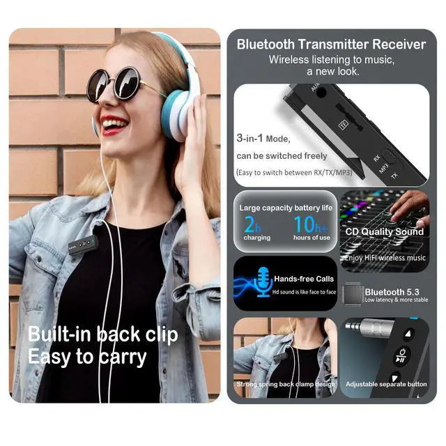 Alt view image 7 of 7 - Isobel Bluetooth 5.4 Transmitter Receiver, 3 in 1 Portable Wireless Bluetooth Audio Adapter to Any 3.5mm AUX Jack for TV PC Car Airplanes Boats Home Stereo Gym with Micphone, TF Card Fast Playback MP3