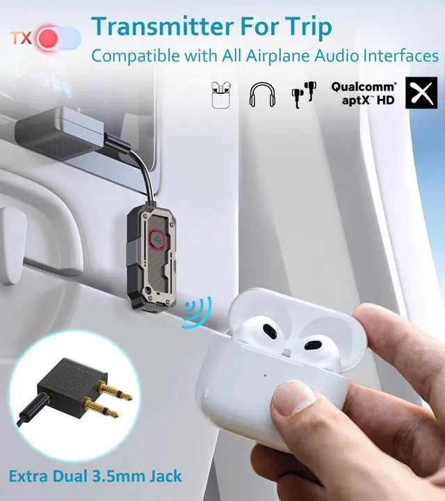 Alt view image 5 of 7 - Bluetooth Transmitter Receiver Audio Adapter, Wireless AUX for 2 Headphones/iPhones, Use 3.5mm Jack for Airplanes, Car Radio, TVs, PCs, amplifiers, Home Stereos Audio Steaming, Hands-Free Call
