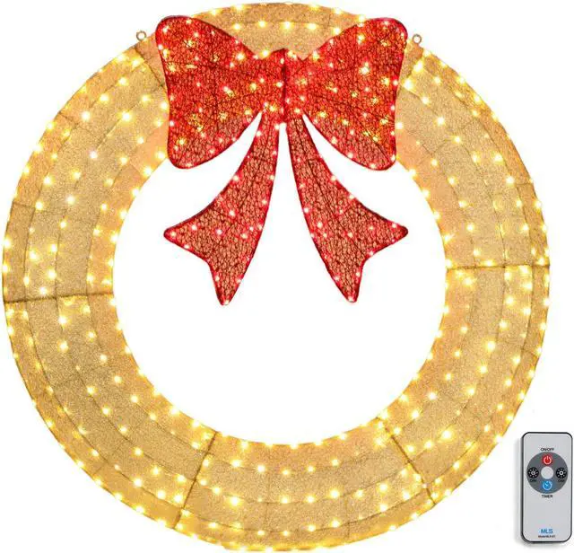 Main image of 48in Pre-Lit Outdoor Christmas Wreath Decoration, LED Metal Holiday Decor for Home Exterior, Garden w/ 315 Lights, Bow - Gold/Red