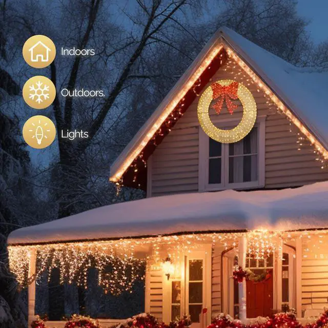 Alt view image 5 of 7 - 48in Pre-Lit Outdoor Christmas Wreath Decoration, LED Metal Holiday Decor for Home Exterior, Garden w/ 315 Lights, Bow - Gold/Red