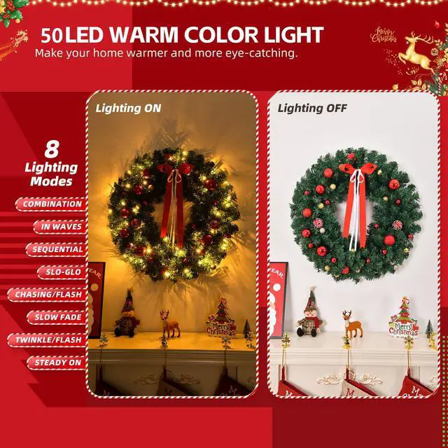 Alt view image 5 of 6 - 24in Pre-lit Battery Powered Christmas Wreath, Lighted Artificial Xmas Wreath with 50 Warm Lights and 80 PVC Tips and 14 DIY Ornaments, for Front Door Gate Wall Xmas Party Decorations