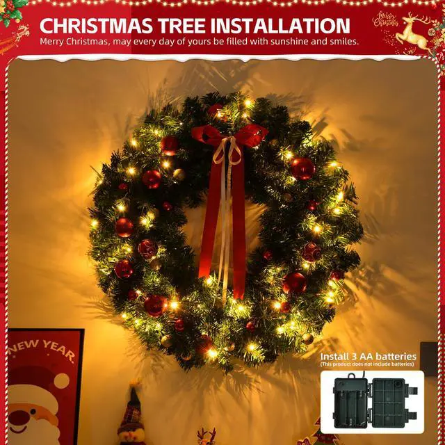 Alt view image 6 of 6 - 24in Pre-lit Battery Powered Christmas Wreath, Lighted Artificial Xmas Wreath with 50 Warm Lights and 80 PVC Tips and 14 DIY Ornaments, for Front Door Gate Wall Xmas Party Decorations