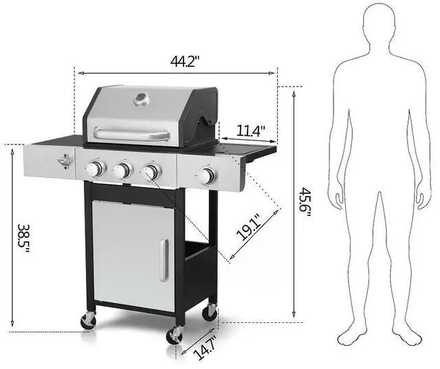 Alt view image 3 of 7 - 3-Burner Propane Gas BBQ Grill with Side Burner, 37230BTU Output With Enameled Cast Iron Cooking Grids For Outdoor Barbecue, Stainless Steel