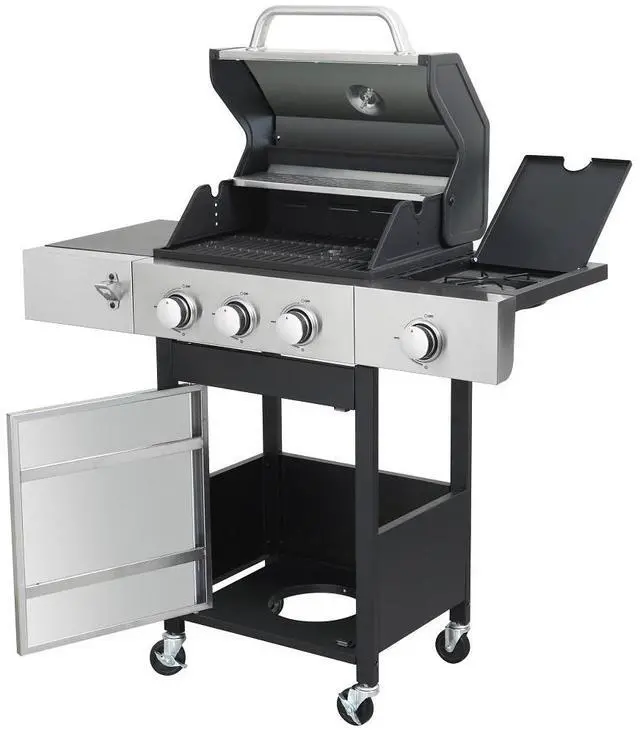 Alt view image 4 of 7 - 3-Burner Propane Gas BBQ Grill with Side Burner, 37230BTU Output With Enameled Cast Iron Cooking Grids For Outdoor Barbecue, Stainless Steel