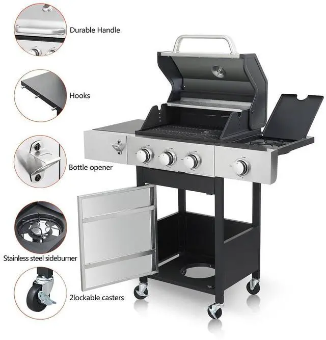 Alt view image 2 of 7 - 3-Burner Propane Gas BBQ Grill with Side Burner, 37230BTU Output With Enameled Cast Iron Cooking Grids For Outdoor Barbecue, Stainless Steel
