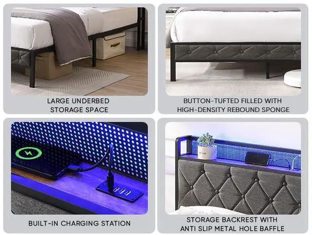 Alt view image 6 of 6 - Queen Bed Frame with Storage Headboard, Charging Station and LED Lights, Upholstered Platform Bed with Heavy Metal Slats, No Box Spring Needed, Noise Free, Easy Assembly, Dark Gray