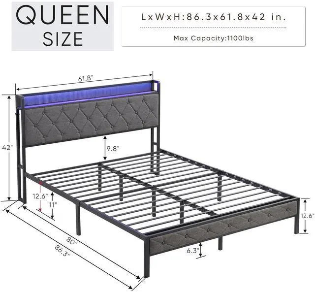 Alt view image 2 of 6 - Queen Bed Frame with Storage Headboard, Charging Station and LED Lights, Upholstered Platform Bed with Heavy Metal Slats, No Box Spring Needed, Noise Free, Easy Assembly, Dark Gray