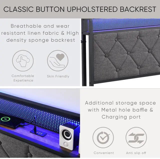 Alt view image 5 of 6 - Queen Bed Frame with Storage Headboard, Charging Station and LED Lights, Upholstered Platform Bed with Heavy Metal Slats, No Box Spring Needed, Noise Free, Easy Assembly, Dark Gray