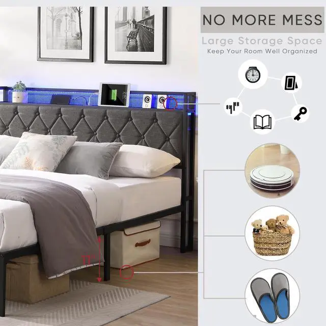 Alt view image 4 of 6 - Queen Bed Frame with Storage Headboard, Charging Station and LED Lights, Upholstered Platform Bed with Heavy Metal Slats, No Box Spring Needed, Noise Free, Easy Assembly, Dark Gray