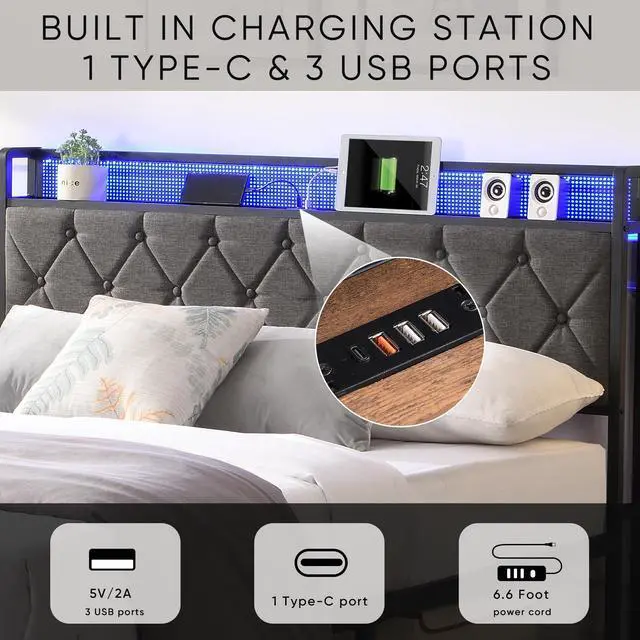 Alt view image 3 of 6 - Queen Bed Frame with Storage Headboard, Charging Station and LED Lights, Upholstered Platform Bed with Heavy Metal Slats, No Box Spring Needed, Noise Free, Easy Assembly, Dark Gray