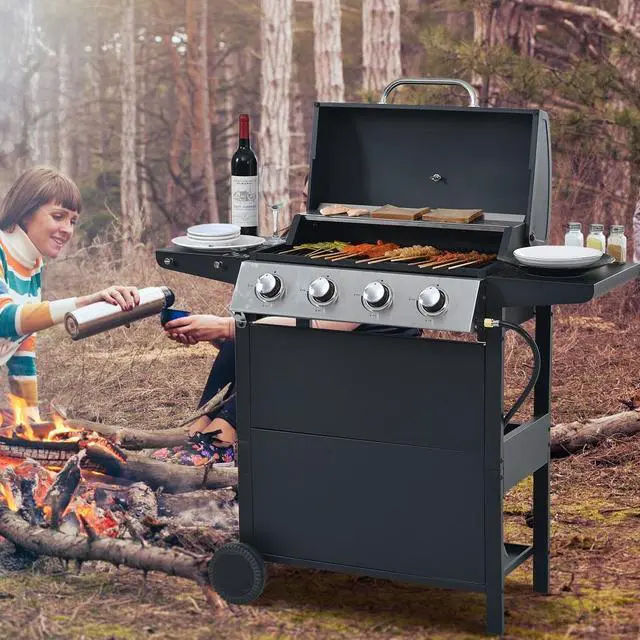 Main image of Propane Gas Grill 4 Burner Barbecue Grill, Stainless Steel 34,000 BTU Patio Garden Barbecue Grill with Two Shelves, Lid, Wheels and Bottle Opener