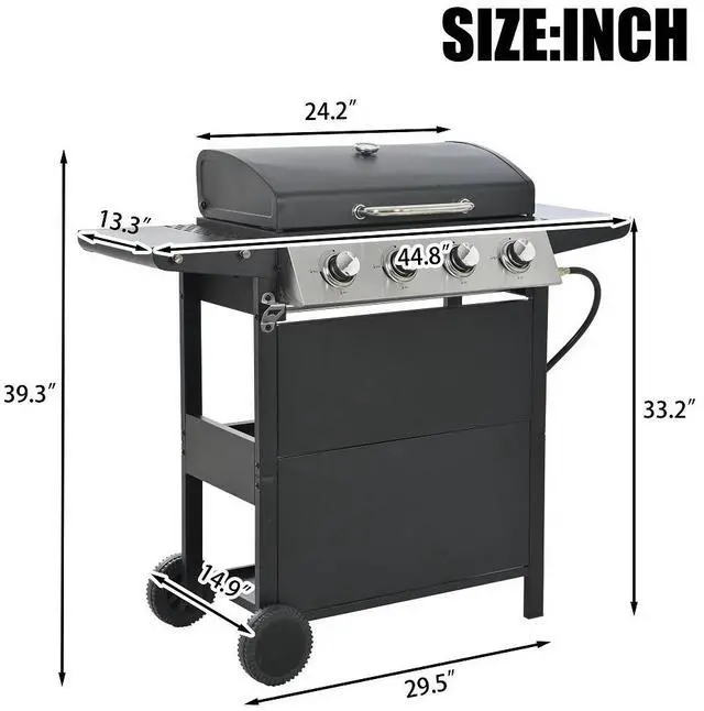 Alt view image 2 of 7 - Propane Gas Grill 4 Burner Barbecue Grill, Stainless Steel 34,000 BTU Patio Garden Barbecue Grill with Two Shelves, Lid, Wheels and Bottle Opener
