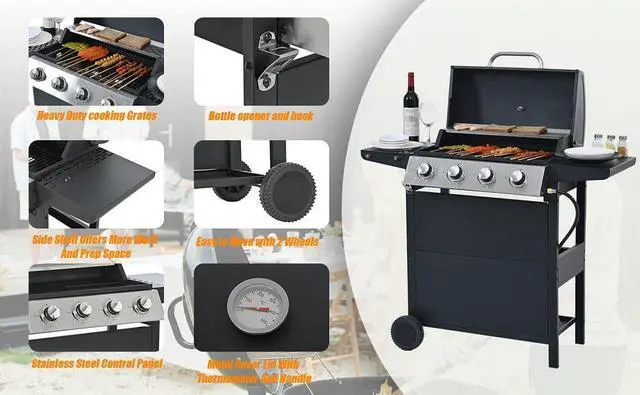 Alt view image 3 of 7 - Propane Gas Grill 4 Burner Barbecue Grill, Stainless Steel 34,000 BTU Patio Garden Barbecue Grill with Two Shelves, Lid, Wheels and Bottle Opener