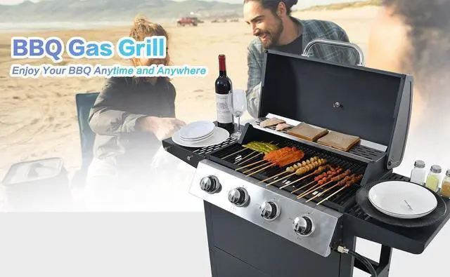 Alt view image 4 of 7 - Propane Gas Grill 4 Burner Barbecue Grill, Stainless Steel 34,000 BTU Patio Garden Barbecue Grill with Two Shelves, Lid, Wheels and Bottle Opener