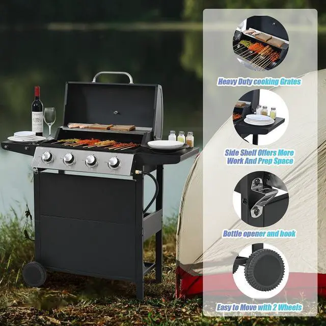 Alt view image 6 of 7 - Propane Gas Grill 4 Burner Barbecue Grill, Stainless Steel 34,000 BTU Patio Garden Barbecue Grill with Two Shelves, Lid, Wheels and Bottle Opener