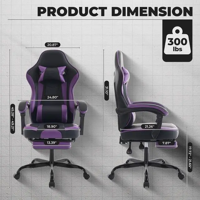 Alt view image 2 of 7 - Gaming Chair, Ergonomic Computer Chair with Footrest and Massage Lumbar Support, Height Adjustable Swivel Video Game Chair for Adults, 300lb Max, Black Purple