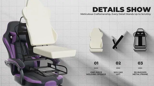 Alt view image 3 of 7 - Gaming Chair, Ergonomic Computer Chair with Footrest and Massage Lumbar Support, Height Adjustable Swivel Video Game Chair for Adults, 300lb Max, Black Purple