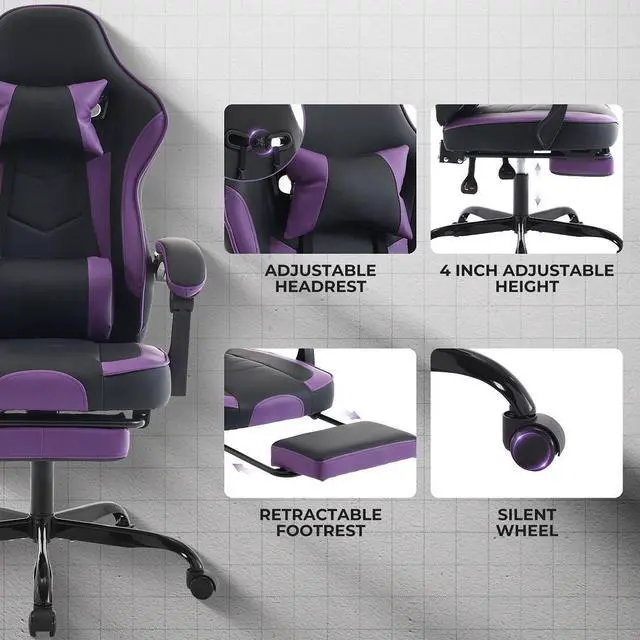 Alt view image 7 of 7 - Gaming Chair, Ergonomic Computer Chair with Footrest and Massage Lumbar Support, Height Adjustable Swivel Video Game Chair for Adults, 300lb Max, Black Purple