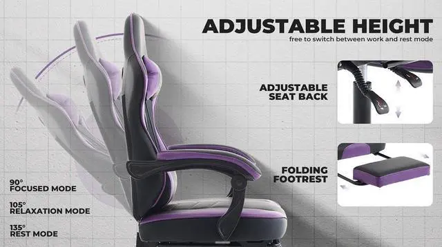 Alt view image 5 of 7 - Gaming Chair, Ergonomic Computer Chair with Footrest and Massage Lumbar Support, Height Adjustable Swivel Video Game Chair for Adults, 300lb Max, Black Purple