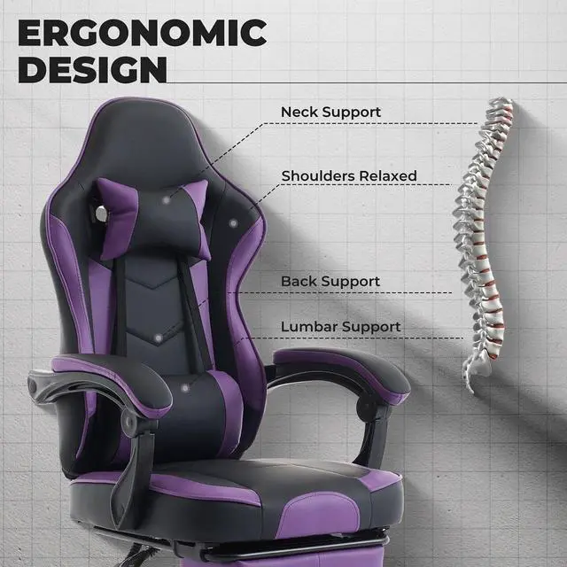 Alt view image 6 of 7 - Gaming Chair, Ergonomic Computer Chair with Footrest and Massage Lumbar Support, Height Adjustable Swivel Video Game Chair for Adults, 300lb Max, Black Purple