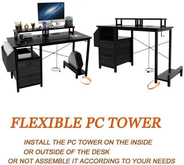 Alt view image 3 of 5 - 47.3" Computer Desk with power outlet,Monitor Stands,Shelves, Office Desk/Writing Table/Gaming desk With drawers,Large Side Pocket and Hooks,Easy to Assemble,Frame stability Reversible,Black