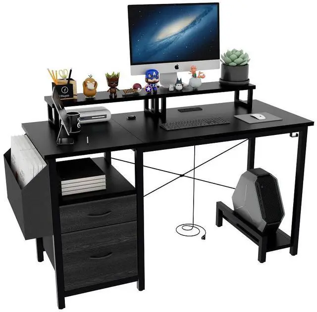 Alt view image 2 of 5 - 47.3" Computer Desk with power outlet,Monitor Stands,Shelves, Office Desk/Writing Table/Gaming desk With drawers,Large Side Pocket and Hooks,Easy to Assemble,Frame stability Reversible,Black