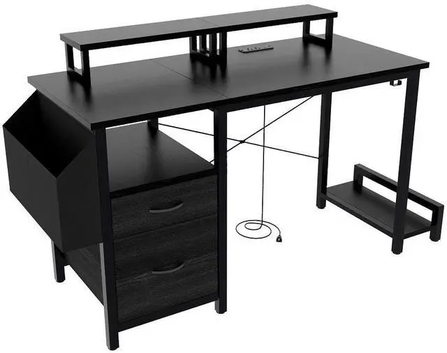 Main image of 47.3" Computer Desk with power outlet,Monitor Stands,Shelves, Office Desk/Writing Table/Gaming desk With drawers,Large Side Pocket and Hooks,Easy to Assemble,Frame stability Reversible,Black