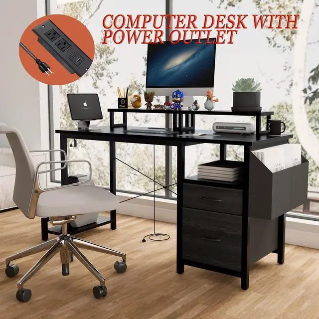 Alt view image 4 of 5 - 47.3" Computer Desk with power outlet,Monitor Stands,Shelves, Office Desk/Writing Table/Gaming desk With drawers,Large Side Pocket and Hooks,Easy to Assemble,Frame stability Reversible,Black