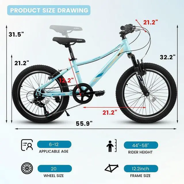 Alt view image 2 of 7 - 20 inch Children's Bicycle, Shock Absorbing Front Fork, 21 - Speed, V - brakes, Mountain Tire, Boys and Girls Kids Bike for Outdoor Adventure Blue/Blue