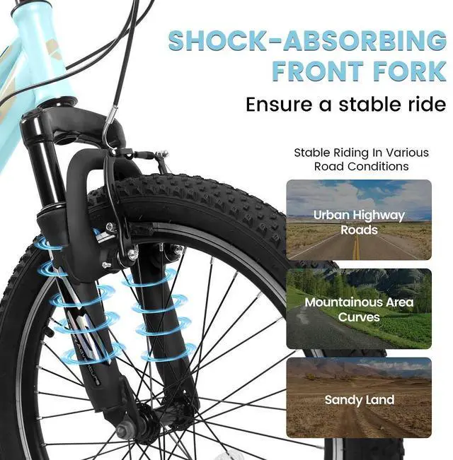 Alt view image 3 of 7 - 20 inch Children's Bicycle, Shock Absorbing Front Fork, 21 - Speed, V - brakes, Mountain Tire, Boys and Girls Kids Bike for Outdoor Adventure Blue/Blue