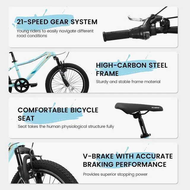 Alt view image 4 of 7 - 20 inch Children's Bicycle, Shock Absorbing Front Fork, 21 - Speed, V - brakes, Mountain Tire, Boys and Girls Kids Bike for Outdoor Adventure Blue/Blue
