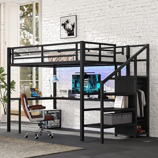 Main image of Full Size Loft Bed with L-shaped Desk and USB, Metal Loft Bed with Wardrobe and Adjustable Shelf, High Loft Bed with LED for Kids Teens Adults, Black