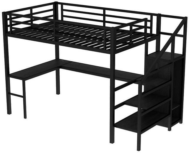 Alt view image 4 of 7 - Full Size Loft Bed with L-shaped Desk and USB, Metal Loft Bed with Wardrobe and Adjustable Shelf, High Loft Bed with LED for Kids Teens Adults, Black