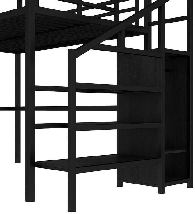 Alt view image 7 of 7 - Full Size Loft Bed with L-shaped Desk and USB, Metal Loft Bed with Wardrobe and Adjustable Shelf, High Loft Bed with LED for Kids Teens Adults, Black