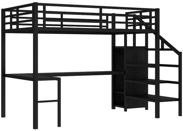 Alt view image 5 of 7 - Full Size Loft Bed with L-shaped Desk and USB, Metal Loft Bed with Wardrobe and Adjustable Shelf, High Loft Bed with LED for Kids Teens Adults, Black
