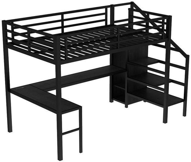 Alt view image 6 of 7 - Full Size Loft Bed with L-shaped Desk and USB, Metal Loft Bed with Wardrobe and Adjustable Shelf, High Loft Bed with LED for Kids Teens Adults, Black