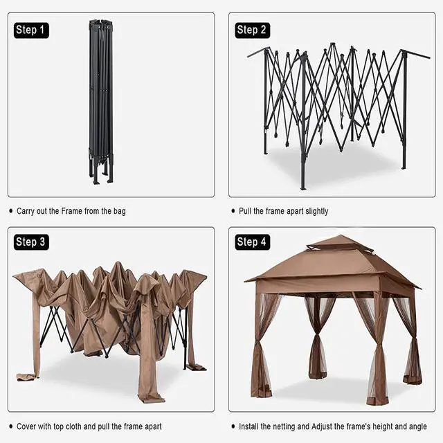 Alt view image 4 of 7 - Outdoor 11x 11Ft Pop Up Gazebo Canopy With Removable Zipper Netting,2-Tier Soft Top Event Tent,Suitable For Patio Backyard Garden Camping Area with 4 Sandbags,Brown