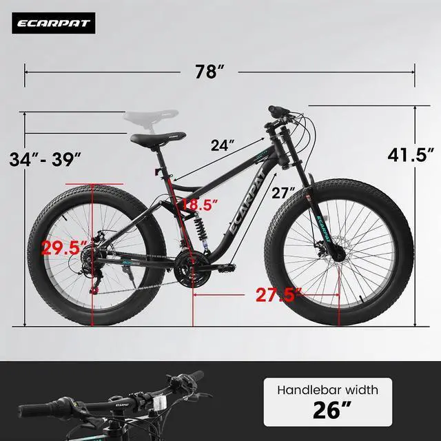 Alt view image 2 of 7 - 26 inch Mountain Bike,Full-Suspension 21 Speeds Drivetrain with Disc-Brake MTB Bicycle, 26*4" Fat tire Bike for Men