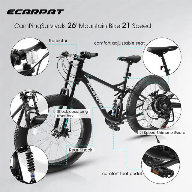 Alt view image 3 of 7 - 26 inch Mountain Bike,Full-Suspension 21 Speeds Drivetrain with Disc-Brake MTB Bicycle, 26*4" Fat tire Bike for Men