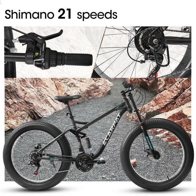 Alt view image 6 of 7 - 26 inch Mountain Bike,Full-Suspension 21 Speeds Drivetrain with Disc-Brake MTB Bicycle, 26*4" Fat tire Bike for Men