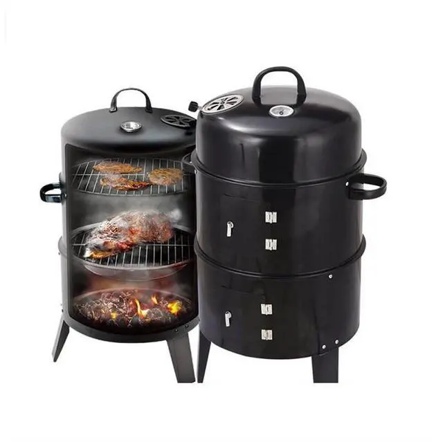 Alt view image 7 of 7 - Outdoor double-layer grill, charcoal wood fired braising and smoking stove