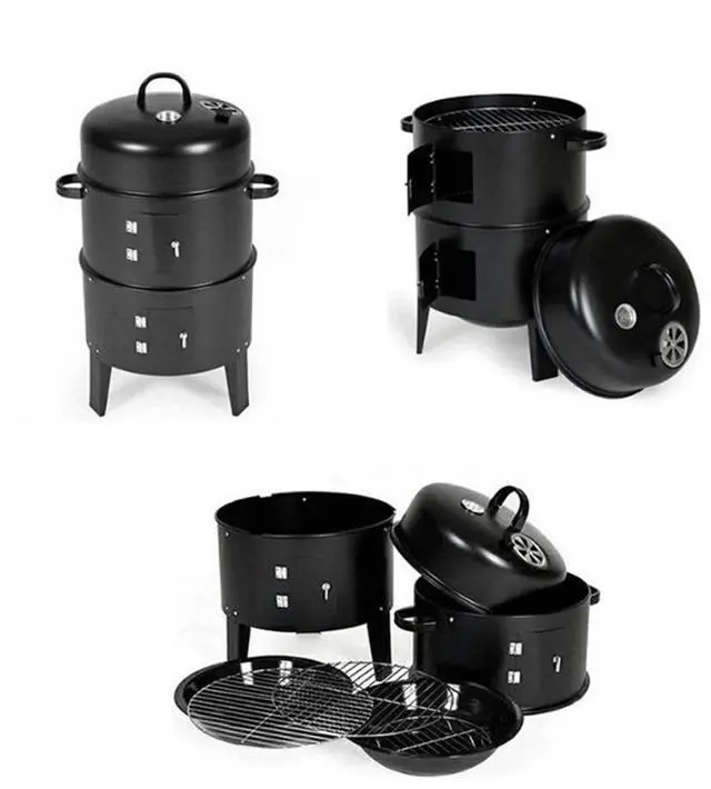Alt view image 6 of 7 - Outdoor double-layer grill, charcoal wood fired braising and smoking stove