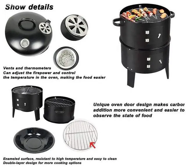 Alt view image 4 of 7 - Outdoor double-layer grill, charcoal wood fired braising and smoking stove