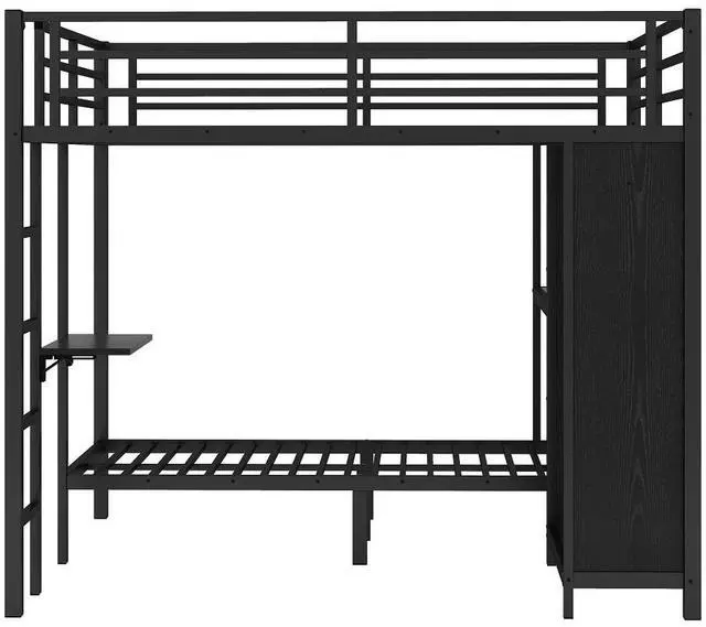Alt view image 4 of 7 - King over Twin XL Size Bunk Bed Frame with Built-in Wardrobe, Metal Bunk Bed with Foldable Desk and, Black