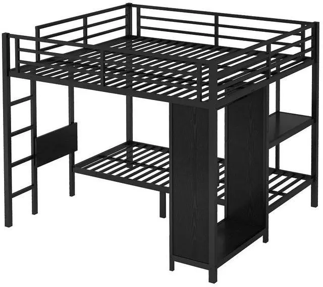 Alt view image 3 of 7 - King over Twin XL Size Bunk Bed Frame with Built-in Wardrobe, Metal Bunk Bed with Foldable Desk and, Black