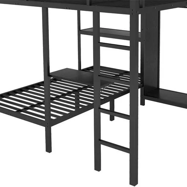 Alt view image 6 of 7 - King over Twin XL Size Bunk Bed Frame with Built-in Wardrobe, Metal Bunk Bed with Foldable Desk and, Black